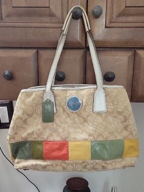 Coach Beige Signature Canvas Tote with Green, Red & Yellow Patch Trim